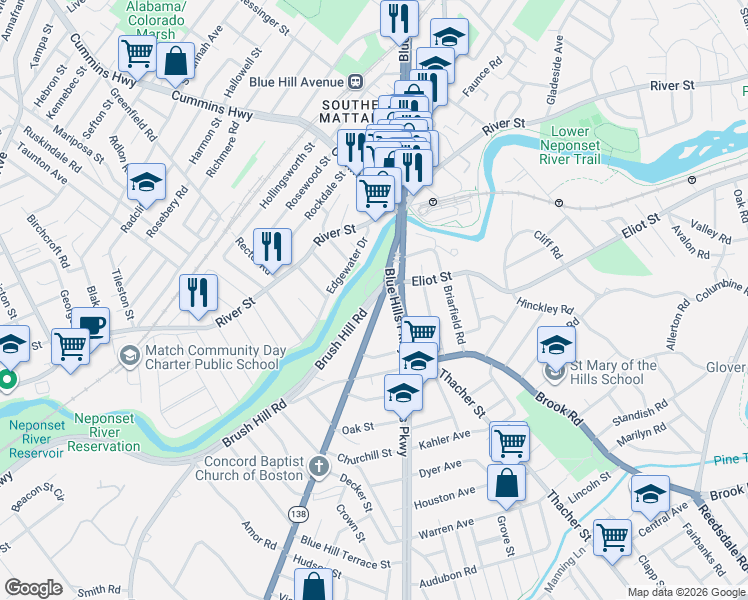 map of restaurants, bars, coffee shops, grocery stores, and more near 3335 Blue Hill Avenue in Milton