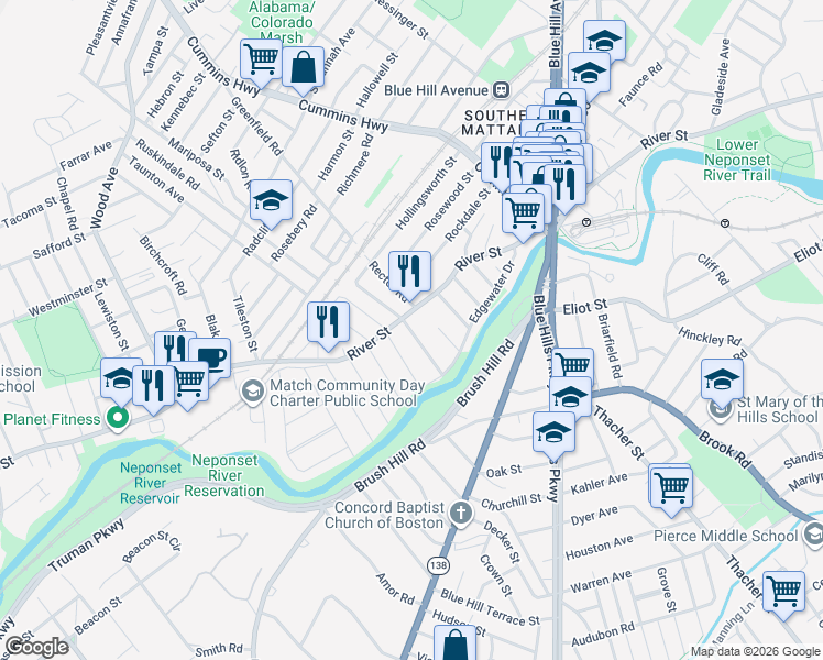map of restaurants, bars, coffee shops, grocery stores, and more near 11 Monponset Street in Boston