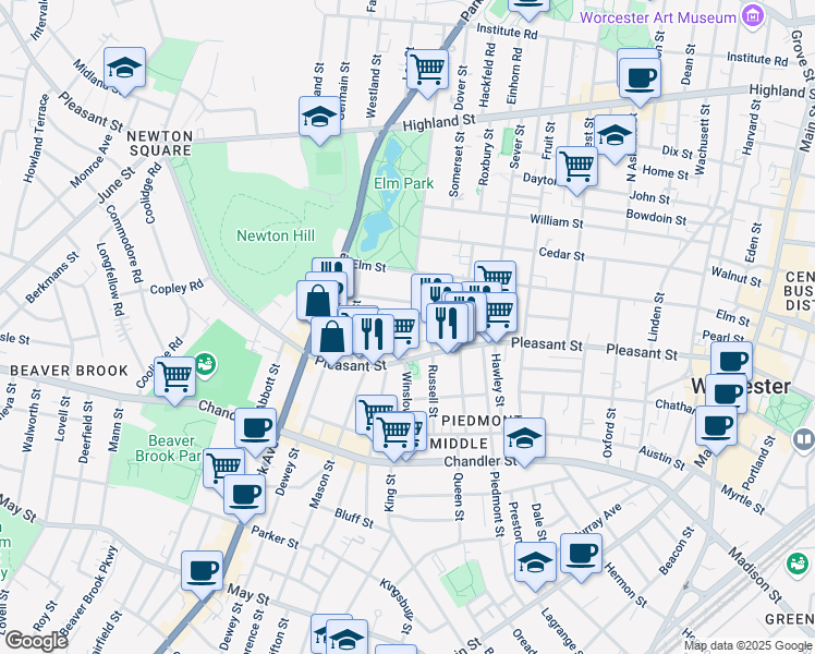 map of restaurants, bars, coffee shops, grocery stores, and more near 7 Pleasant Terrace in Worcester