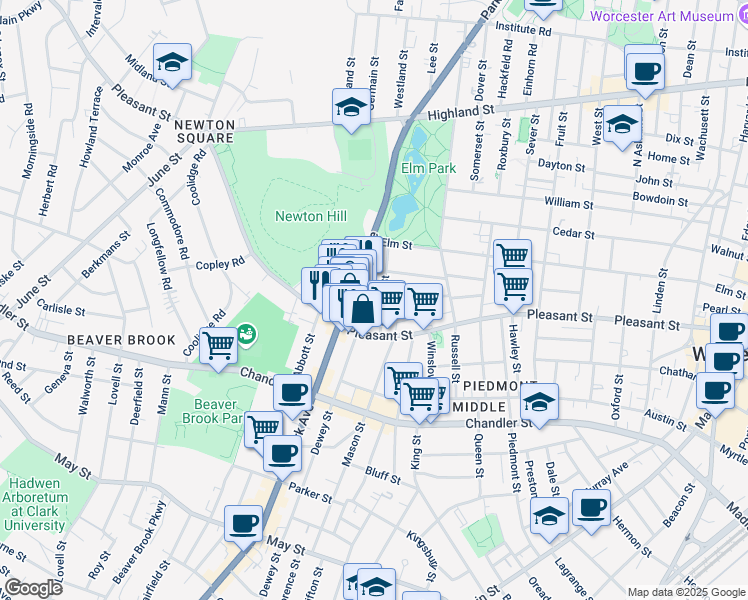 map of restaurants, bars, coffee shops, grocery stores, and more near 1 Wendell Terrace in Worcester