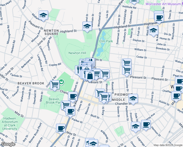 map of restaurants, bars, coffee shops, grocery stores, and more near 1 Wendell Terrace in Worcester