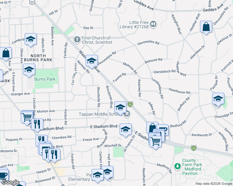 map of restaurants, bars, coffee shops, grocery stores, and more near 2200 Washtenaw Avenue in Ann Arbor