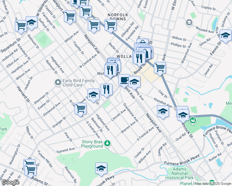 map of restaurants, bars, coffee shops, grocery stores, and more near 9 Park Street in Quincy