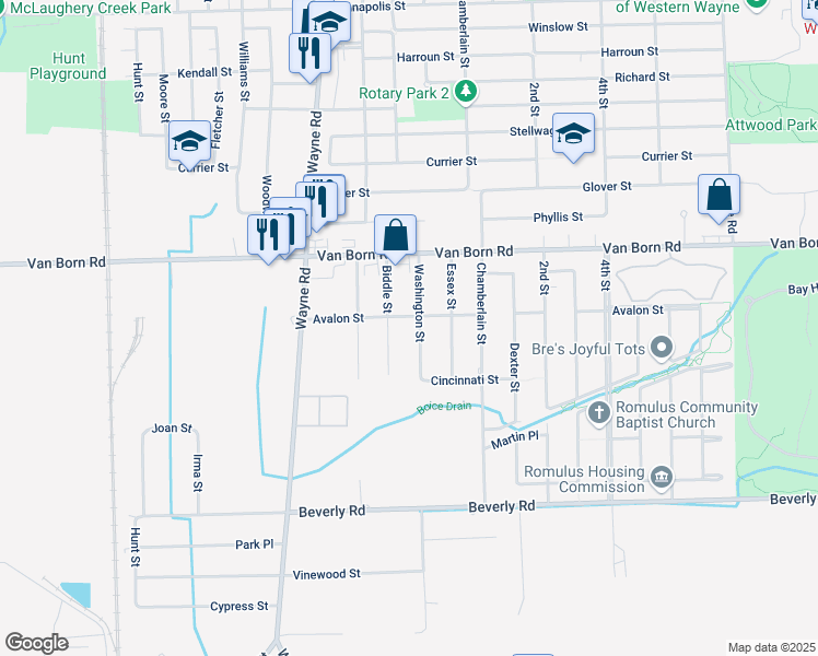 map of restaurants, bars, coffee shops, grocery stores, and more near 6020 Washington Street in Romulus