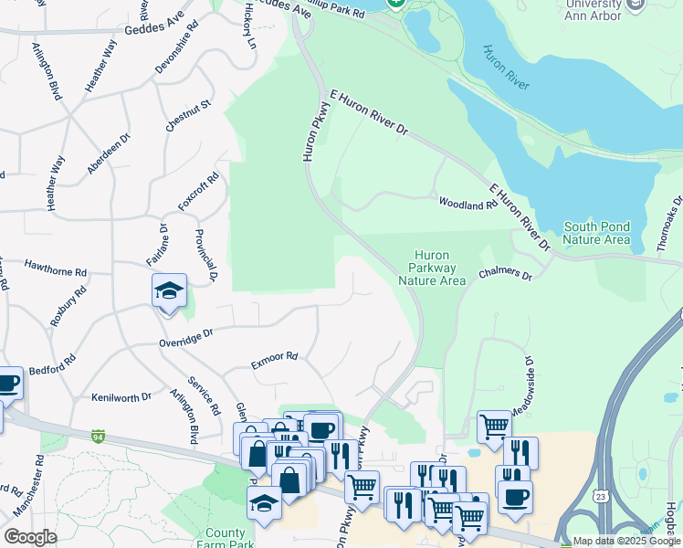 map of restaurants, bars, coffee shops, grocery stores, and more near 3099 Overridge Drive in Ann Arbor