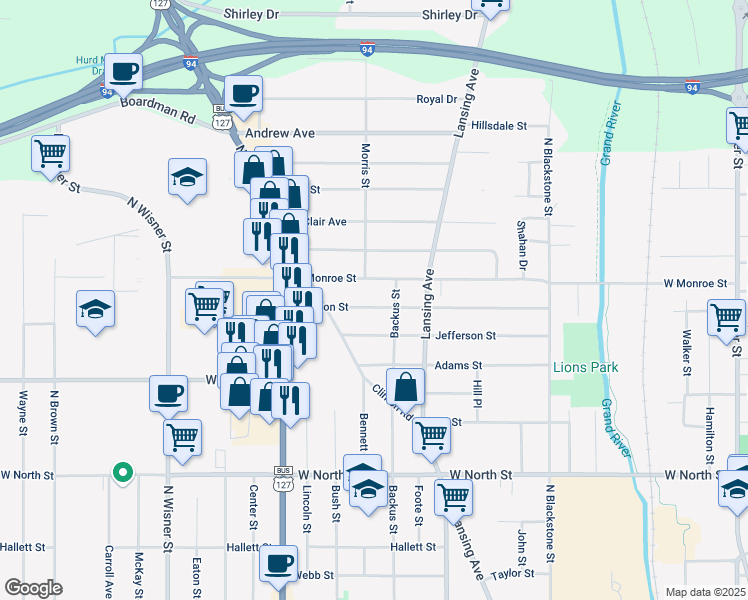 map of restaurants, bars, coffee shops, grocery stores, and more near 614 Madison Street in Jackson