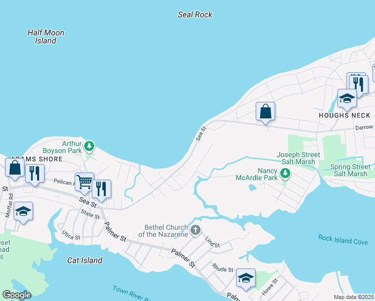 map of restaurants, bars, coffee shops, grocery stores, and more near 713 Sea Street in Quincy