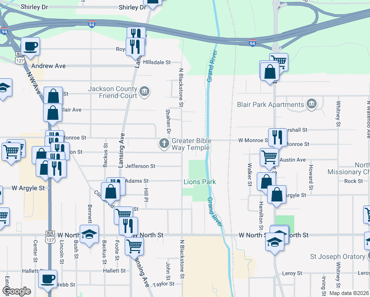 map of restaurants, bars, coffee shops, grocery stores, and more near 1305 North Blackstone Street in Jackson