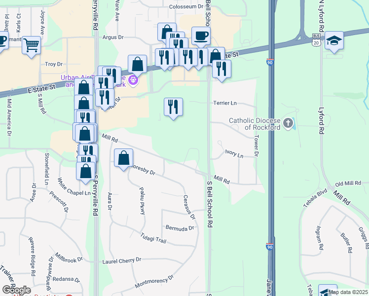 map of restaurants, bars, coffee shops, grocery stores, and more near 748 Gabriela Court in Rockford