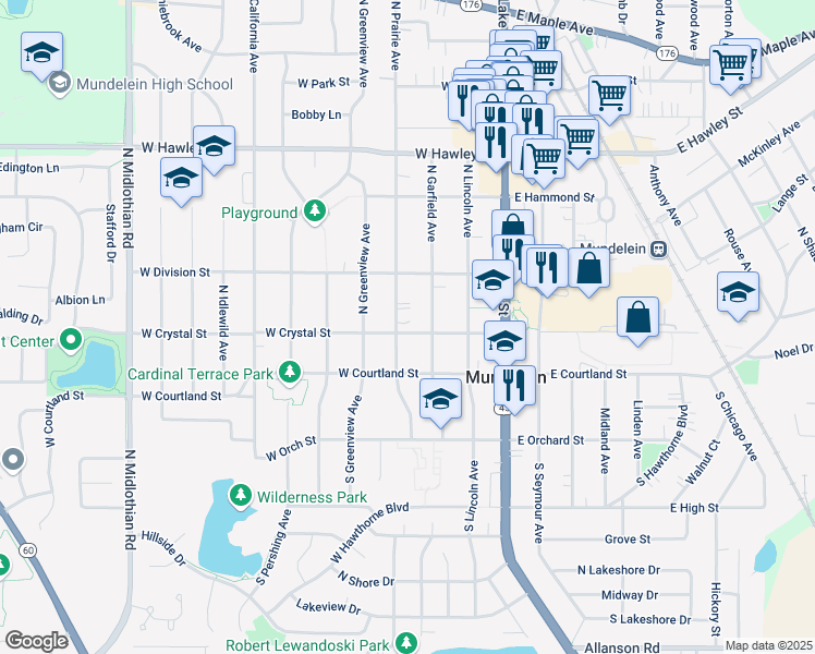 map of restaurants, bars, coffee shops, grocery stores, and more near 63 North Prairie Avenue in Mundelein
