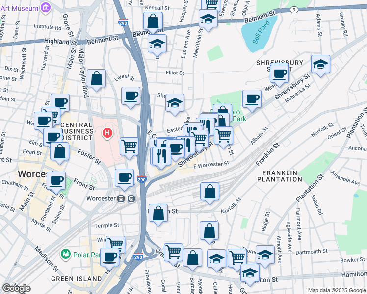 map of restaurants, bars, coffee shops, grocery stores, and more near 108 Shrewsbury Street in Worcester