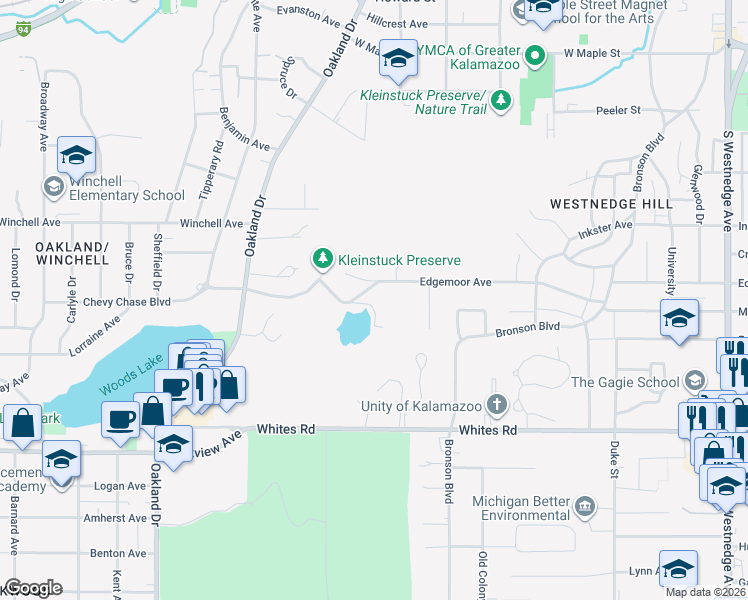 map of restaurants, bars, coffee shops, grocery stores, and more near 2715 Lake Chevy Chase Drive in Kalamazoo