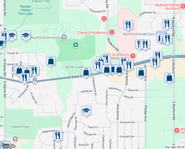 map of restaurants, bars, coffee shops, grocery stores, and more near East State Street & South New Towne Drive in Rockford