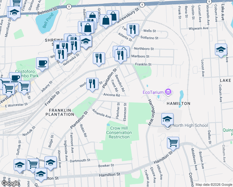 map of restaurants, bars, coffee shops, grocery stores, and more near 31 Ancona Road in Worcester