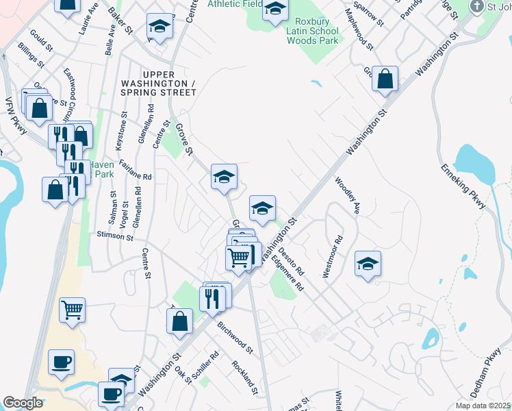 map of restaurants, bars, coffee shops, grocery stores, and more near 30 Rockingham Avenue in Boston