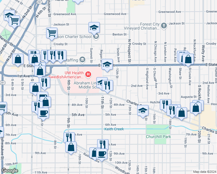 map of restaurants, bars, coffee shops, grocery stores, and more near 1500 Charles Street in Rockford