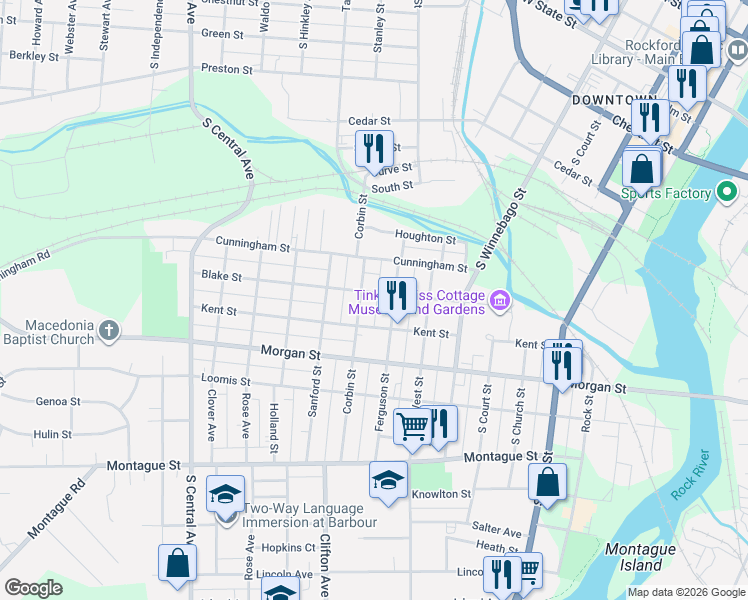 map of restaurants, bars, coffee shops, grocery stores, and more near 920 Ferguson Street in Rockford