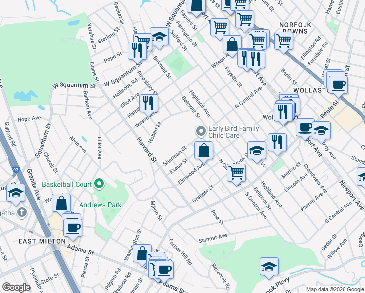 map of restaurants, bars, coffee shops, grocery stores, and more near 37 Exeter Street in Quincy