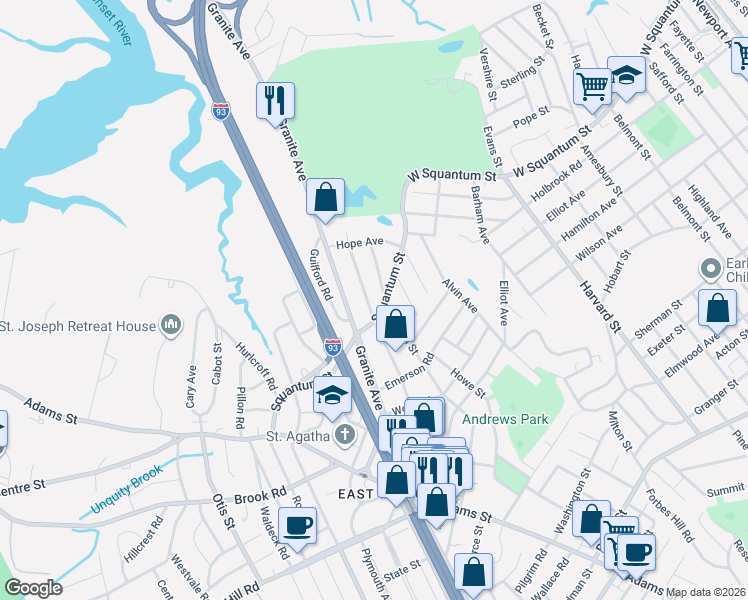 map of restaurants, bars, coffee shops, grocery stores, and more near 75 Squantum Street in Milton