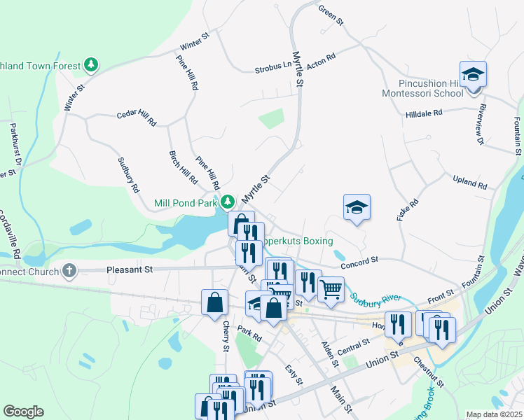 map of restaurants, bars, coffee shops, grocery stores, and more near 27 Carl R Ghilani Circle in Ashland