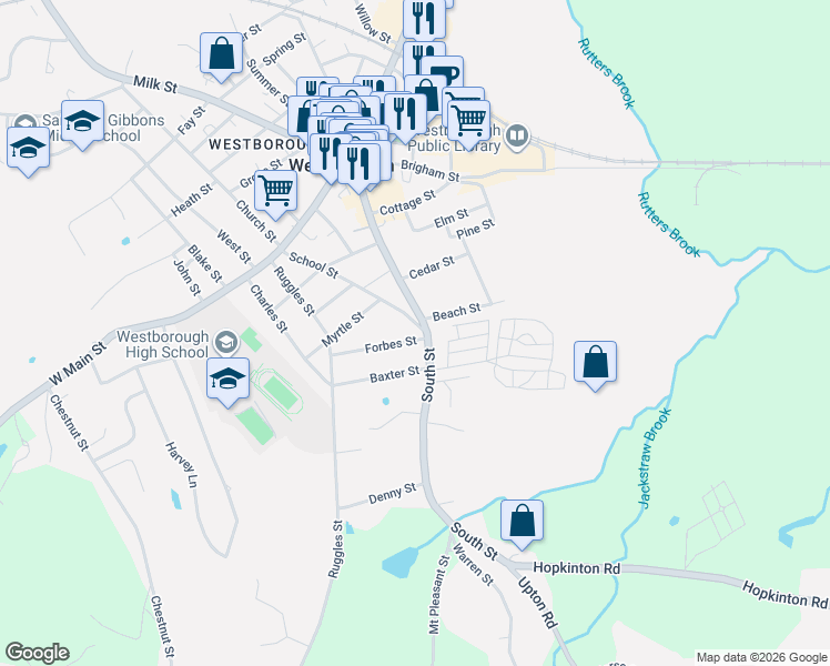 map of restaurants, bars, coffee shops, grocery stores, and more near 81 South Street in Westborough