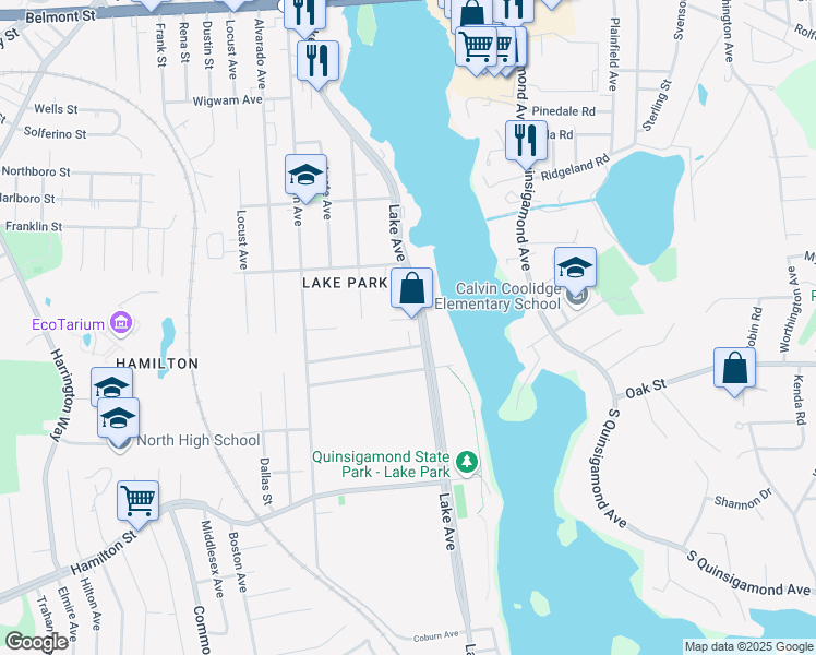 map of restaurants, bars, coffee shops, grocery stores, and more near 36 Ayrshire Road in Worcester