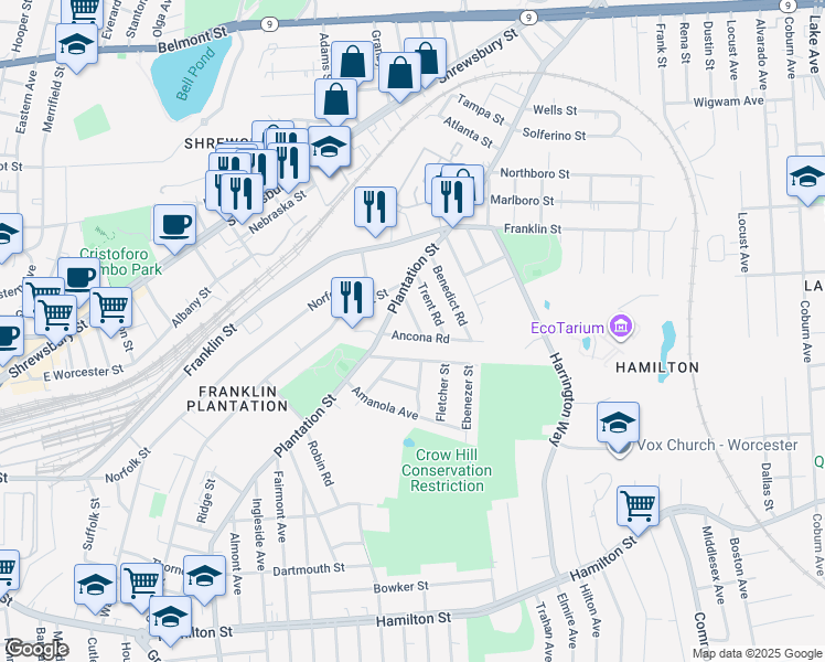 map of restaurants, bars, coffee shops, grocery stores, and more near 15 Montgomery Avenue in Worcester