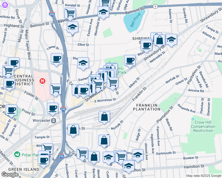 map of restaurants, bars, coffee shops, grocery stores, and more near 75 East Worcester Street in Worcester
