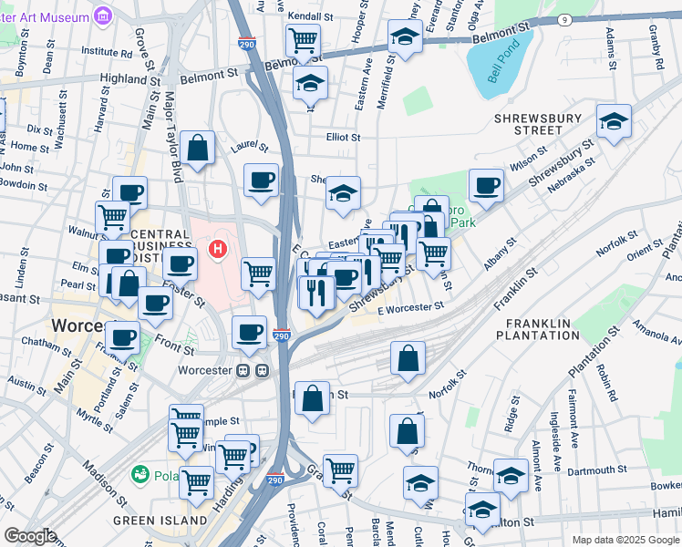 map of restaurants, bars, coffee shops, grocery stores, and more near 60 Shrewsbury Street in Worcester