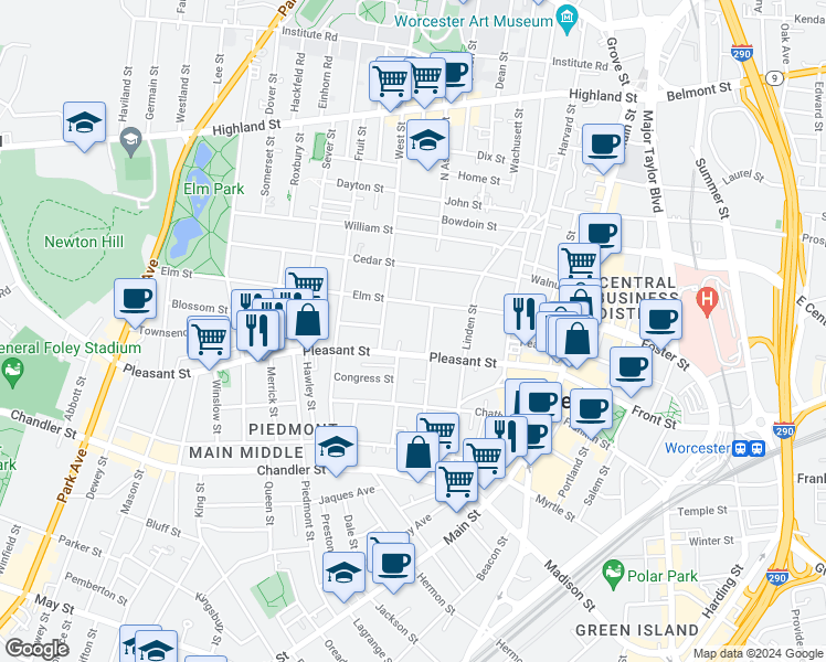 map of restaurants, bars, coffee shops, grocery stores, and more near 167 Pleasant Street in Worcester