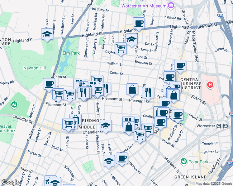 map of restaurants, bars, coffee shops, grocery stores, and more near 219 Pleasant Street in Worcester