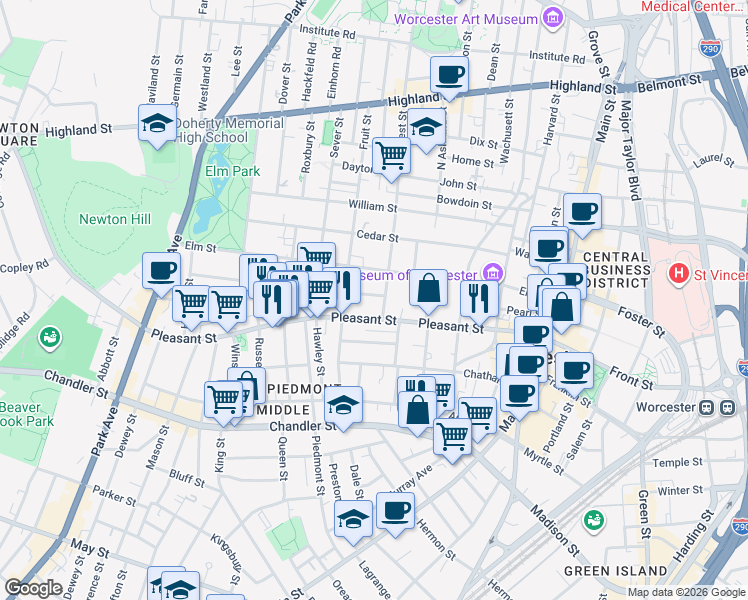 map of restaurants, bars, coffee shops, grocery stores, and more near 219 Pleasant Street in Worcester