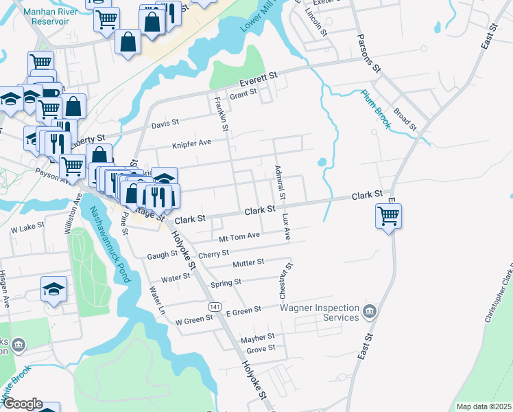 map of restaurants, bars, coffee shops, grocery stores, and more near 42 Clark Street in Easthampton