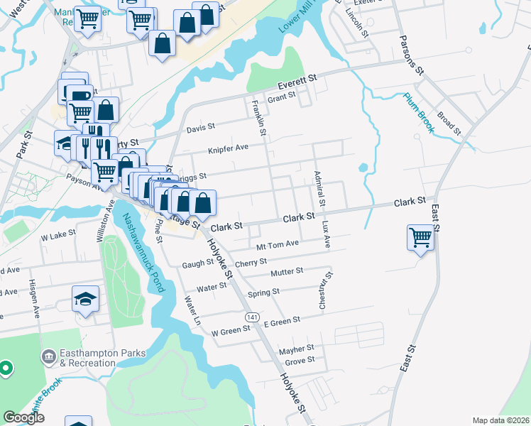 map of restaurants, bars, coffee shops, grocery stores, and more near 28 Clark Street in Easthampton