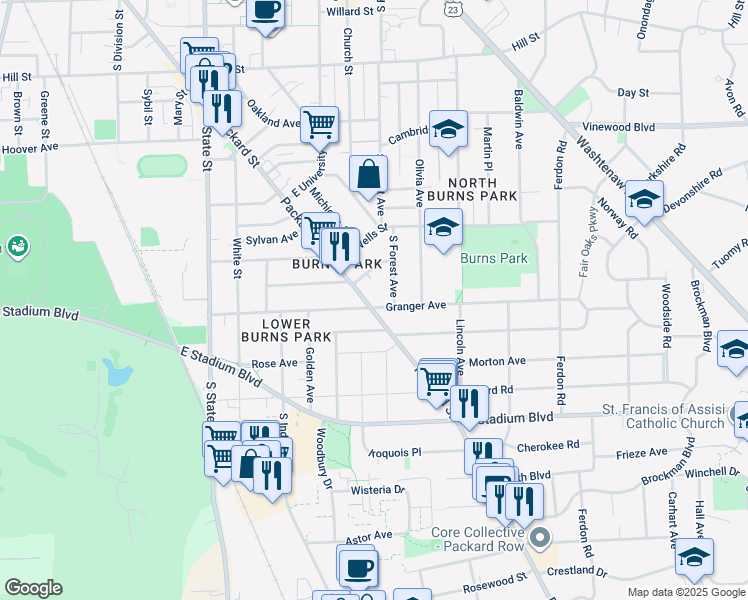 map of restaurants, bars, coffee shops, grocery stores, and more near 1411 Packard Street in Ann Arbor