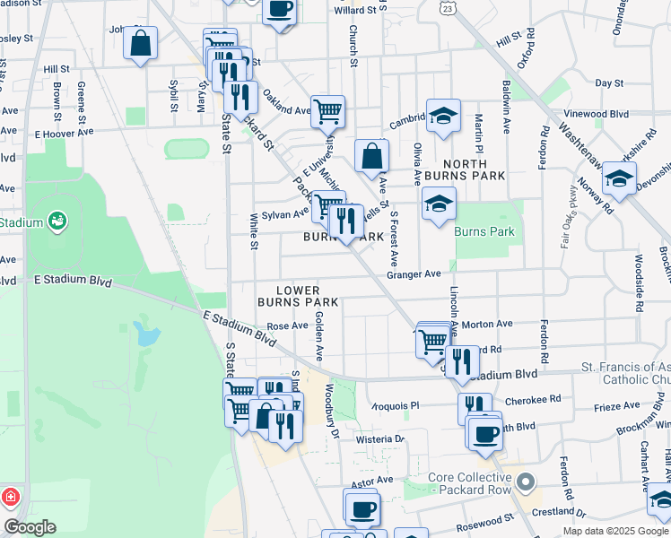 map of restaurants, bars, coffee shops, grocery stores, and more near 1401 Golden Avenue in Ann Arbor