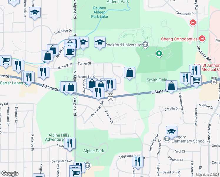 map of restaurants, bars, coffee shops, grocery stores, and more near 4800 East State Street in Rockford