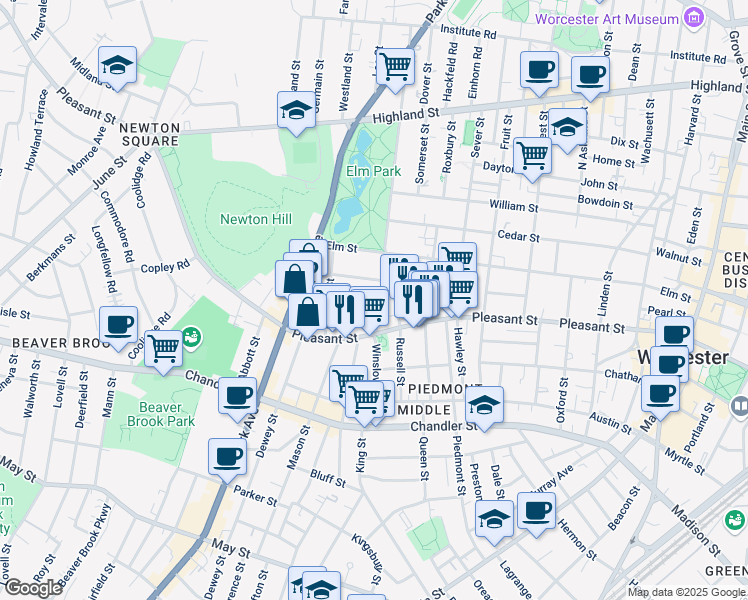 map of restaurants, bars, coffee shops, grocery stores, and more near 7 Pleasant Terrace in Worcester