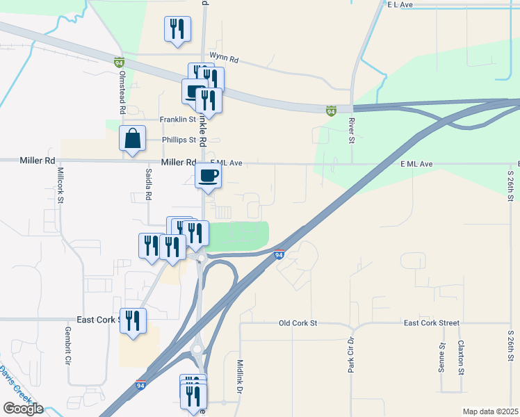 map of restaurants, bars, coffee shops, grocery stores, and more near 2593 Azo Court in Kalamazoo