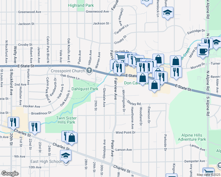 map of restaurants, bars, coffee shops, grocery stores, and more near 3419 Oak Grove Avenue in Rockford