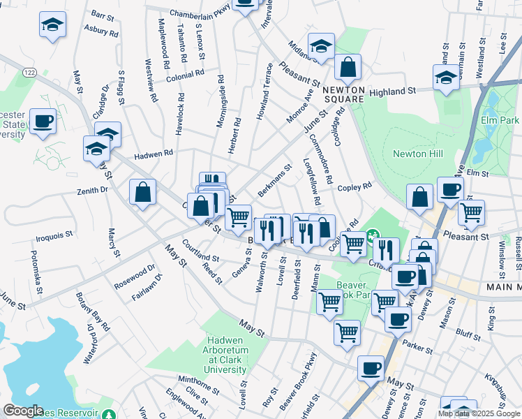 map of restaurants, bars, coffee shops, grocery stores, and more near 10 Edgewood Street in Worcester
