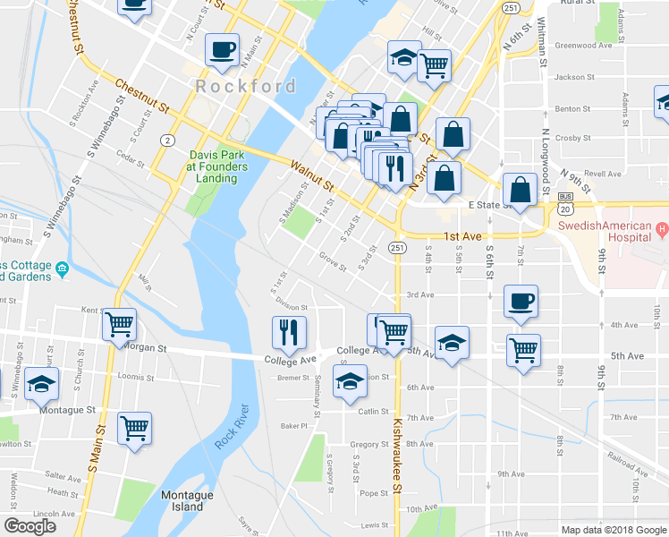 map of restaurants, bars, coffee shops, grocery stores, and more near 404 South 2nd Street in Rockford