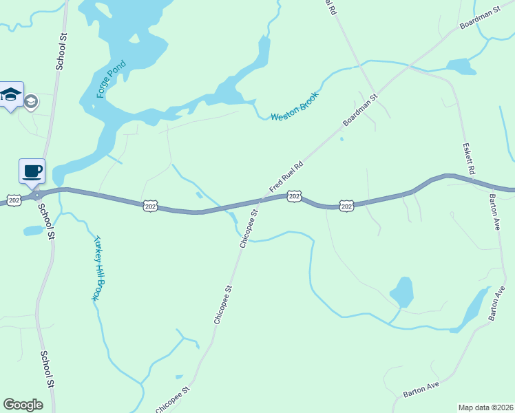 map of restaurants, bars, coffee shops, grocery stores, and more near 1-15 Chicopee St in Granby