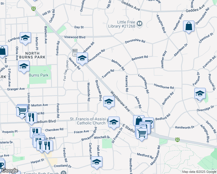 map of restaurants, bars, coffee shops, grocery stores, and more near 2200 Washtenaw Avenue in Ann Arbor