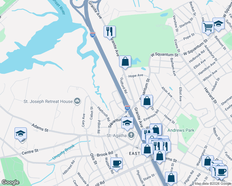 map of restaurants, bars, coffee shops, grocery stores, and more near 28 Lochland Street in Milton