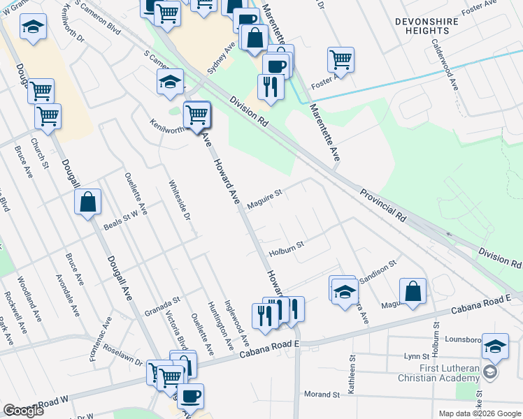 map of restaurants, bars, coffee shops, grocery stores, and more near 3642 Howard Avenue in Windsor