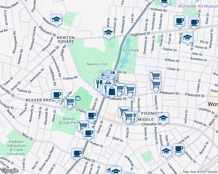 map of restaurants, bars, coffee shops, grocery stores, and more near 94 Townsend Street in Worcester