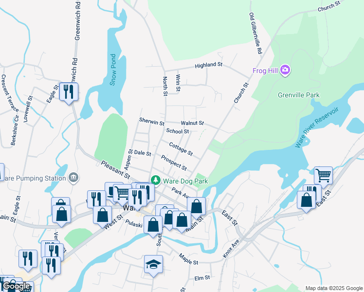 map of restaurants, bars, coffee shops, grocery stores, and more near 17 Spring Street in Ware