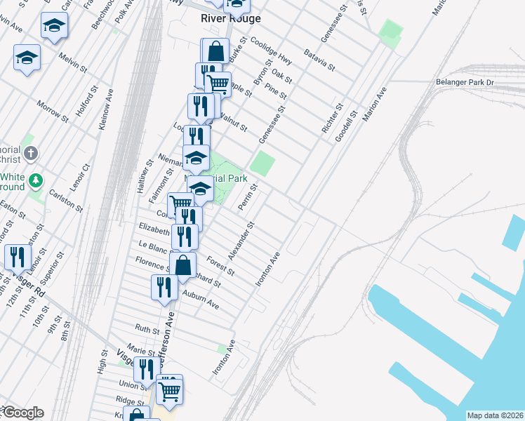 map of restaurants, bars, coffee shops, grocery stores, and more near 74 Abbott Street in River Rouge