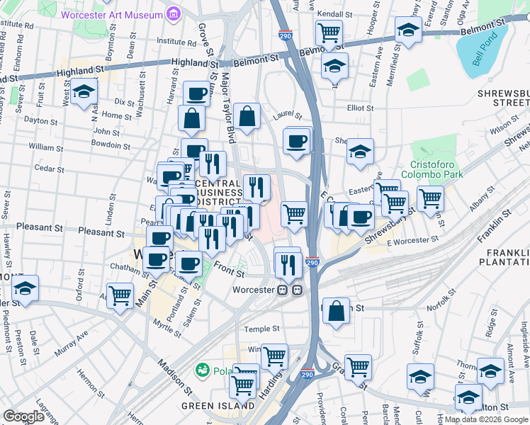 map of restaurants, bars, coffee shops, grocery stores, and more near 123 Summer Street in Worcester